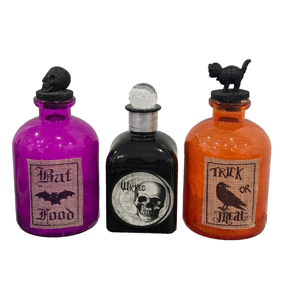 Halloween Décor Glass Bottles Lot of 3 Bat Food Trick Or Treat Wicked 8.5" Tall